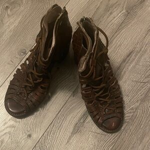 Freebird Brown Leather Lace-Up Peep Toe Heels - Size 7